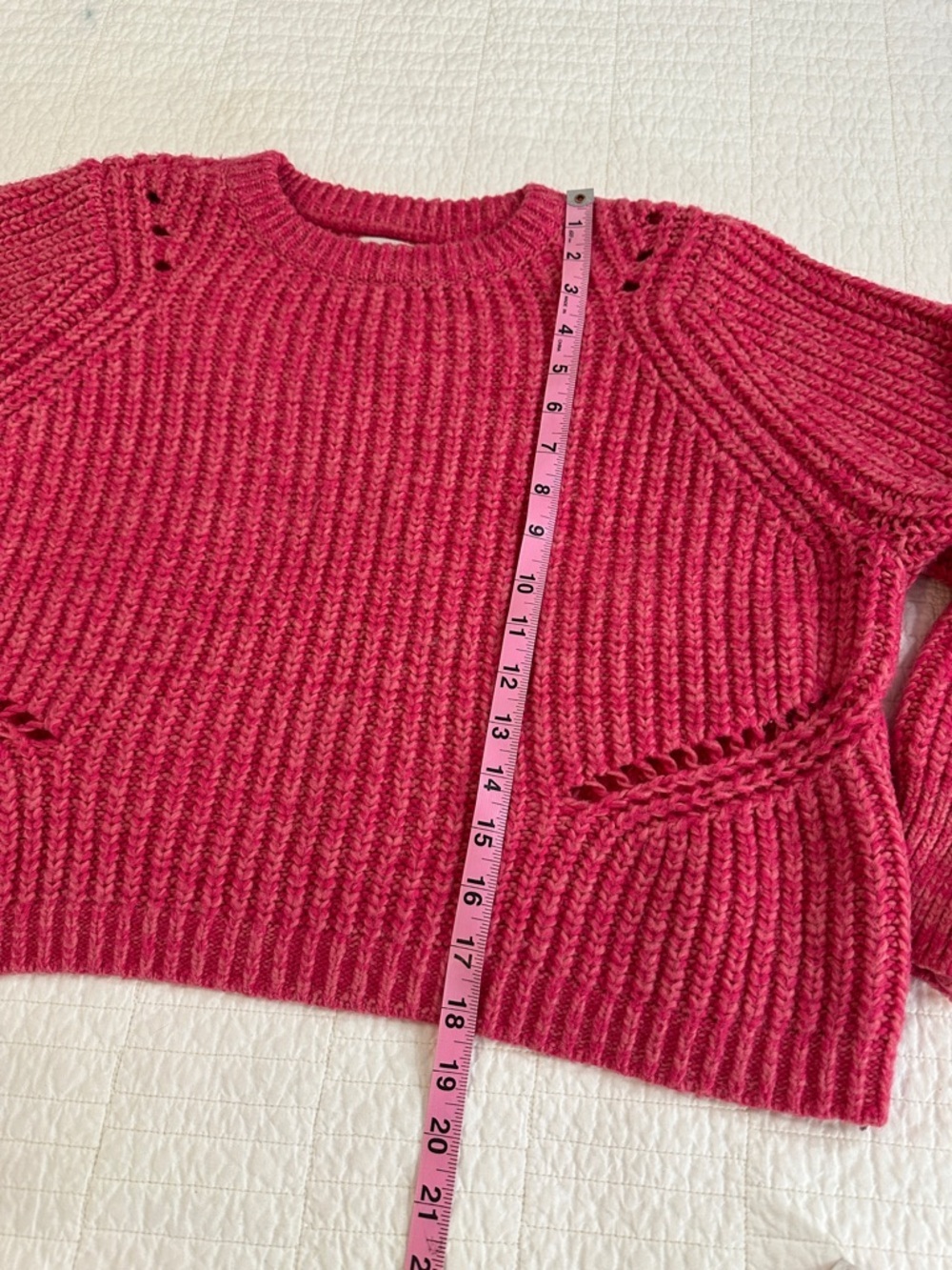 LOFT Petite Medium Pink Chunky Knit Sweater Eyelet Wool Ribbed Cozy Pullover - Picture 4 of 6